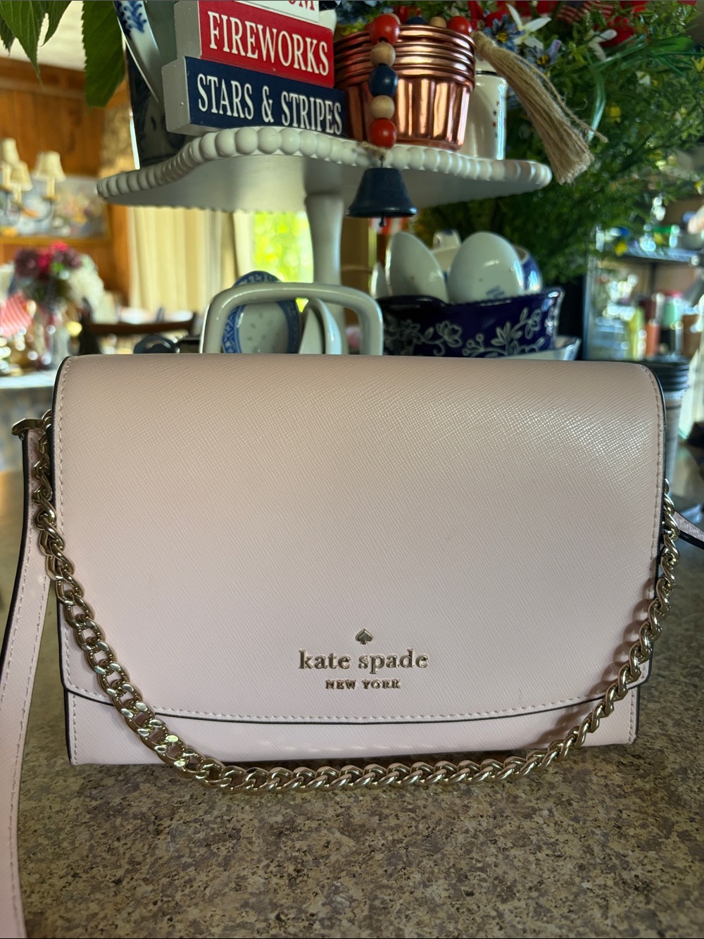 kate spade Pale Pink Leather Crossbody with Gold Chain